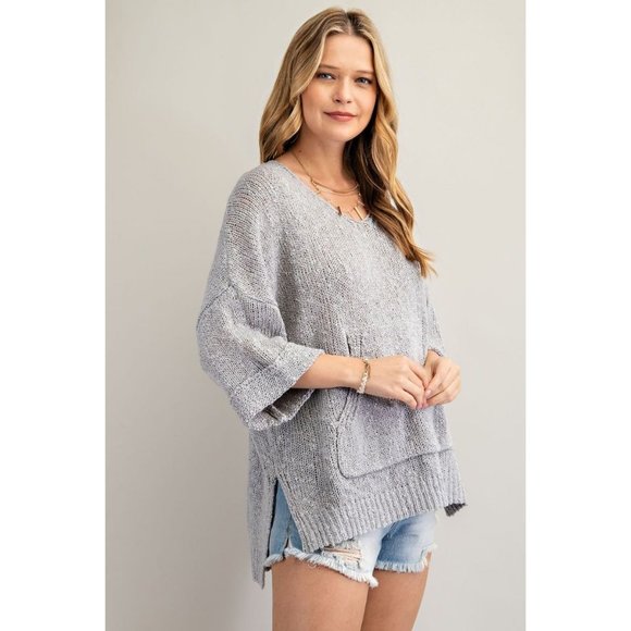 Easel Heather Grey Ultra Soft Slouchy Pullover Deep V-Neck Side Slit Sweater - Picture 5 of 5